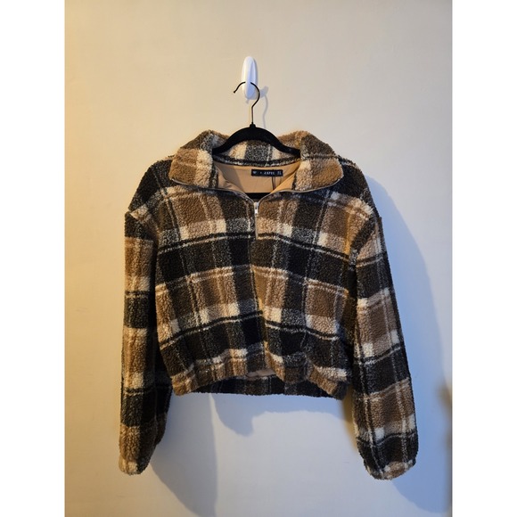 Zaful Sweaters - Zaful womens small sherpa Cropped sweater pullover 1/2 zip Brown Plaid